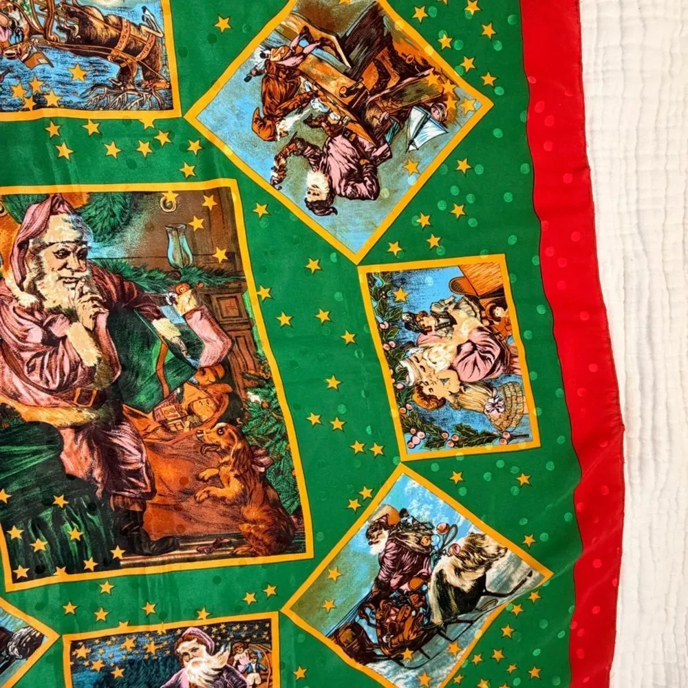 Vintage Santa Christmas Scarf Holiday Print Red Green Square Retro